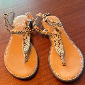 J. Crew Tan Leather T-Strap Sandals with Leopard-Print Accent